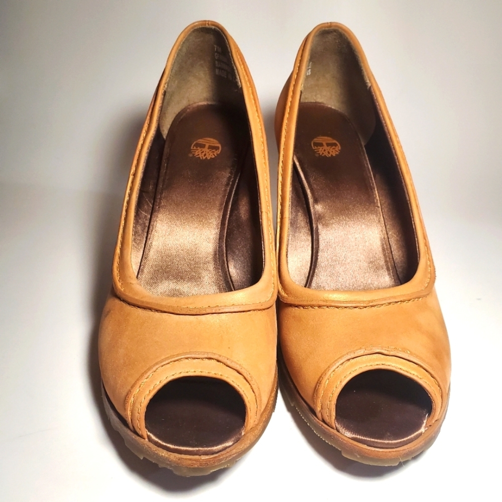 TIMBERLAND Tan Open-toe Stacked Wedge Heels Rubber Sole Leather Upper 7M - NWT - Picture 3 of 16